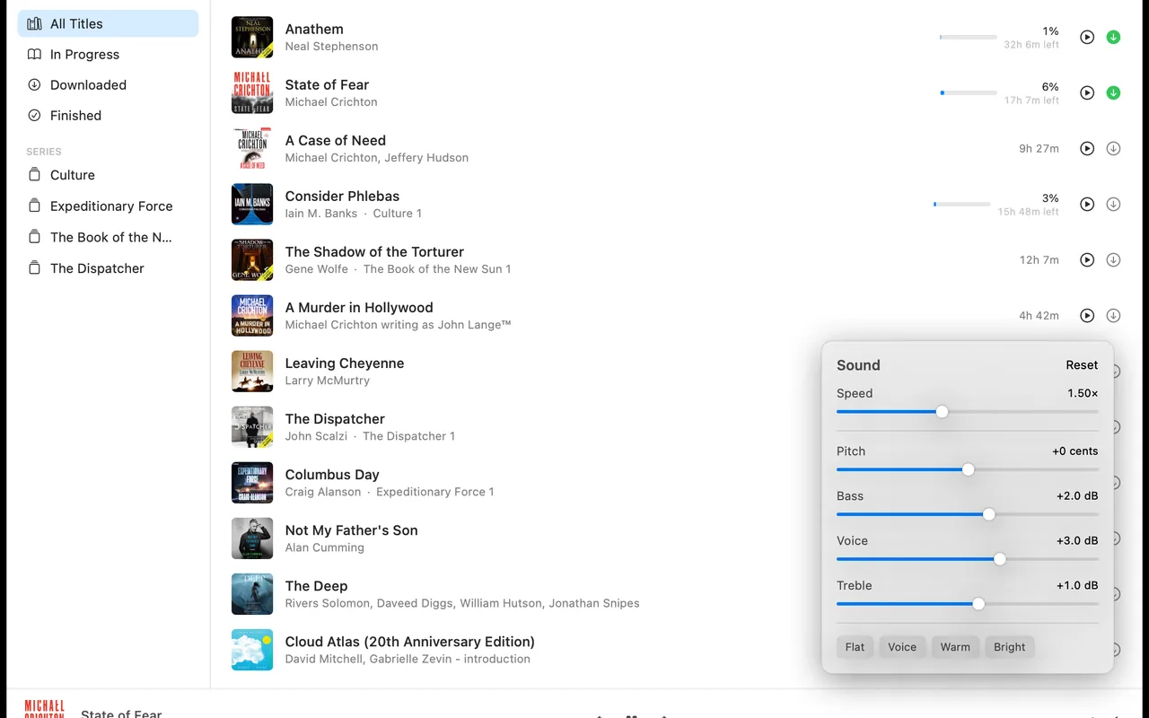 Earmarky audiobook library with sound controls
