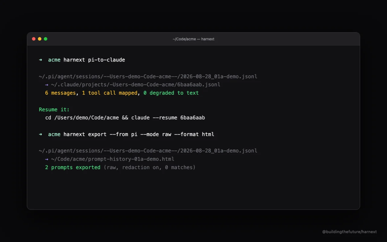 harnext transferring coding-agent chat history between harnesses in a terminal