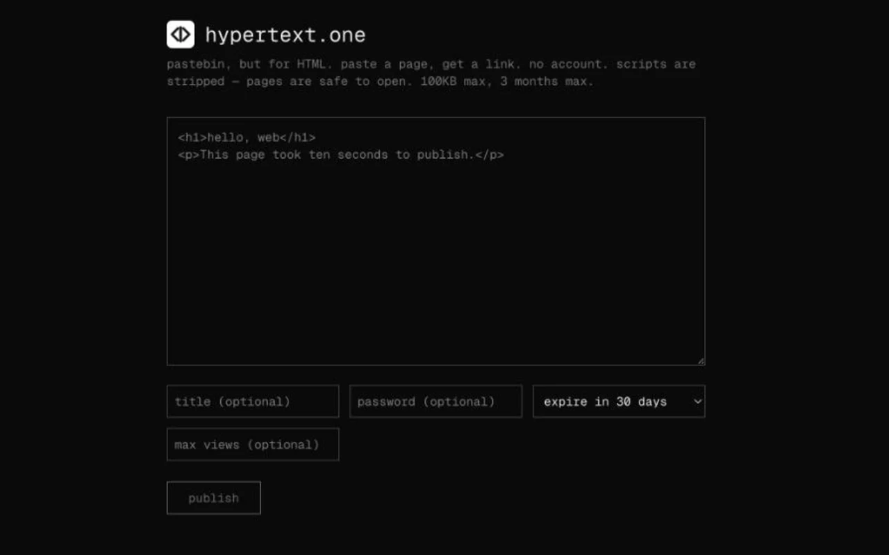 hypertext.one showing an HTML paste box with title, password, expiry and max-views options