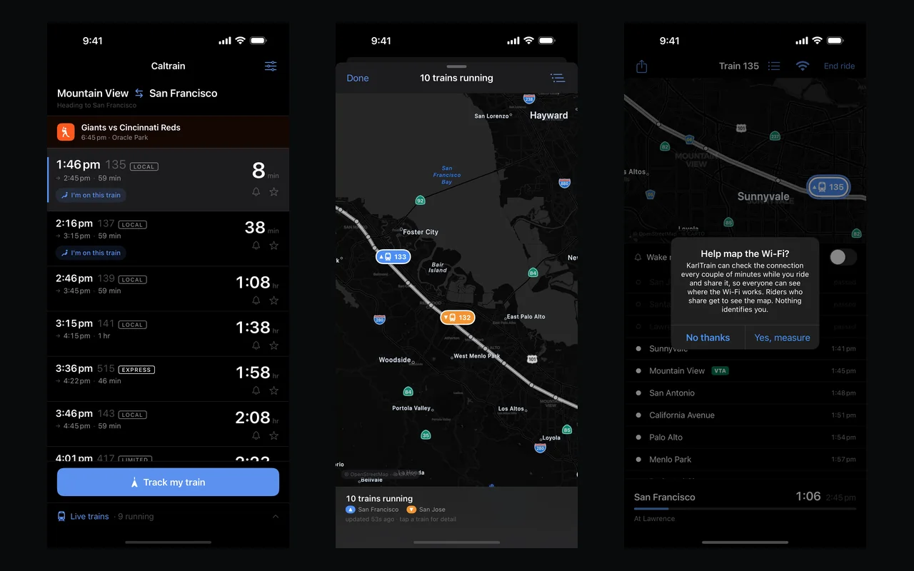 KarlTrain departure board, live train map, and ride tracker