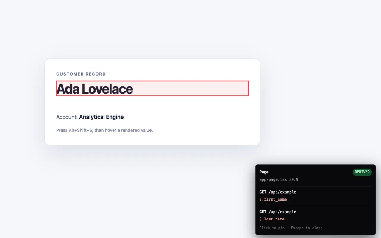 React Source Lineage tracing a rendered name to two API response fields