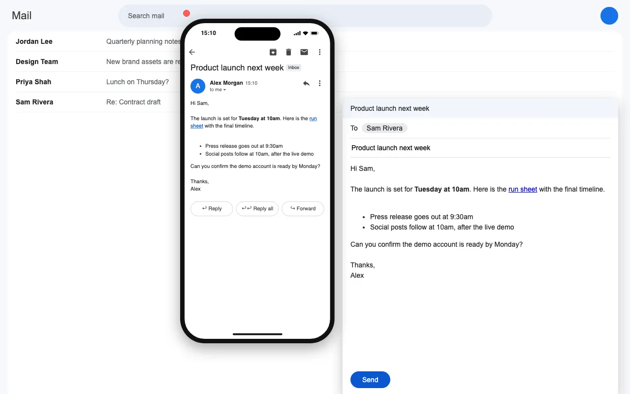 phoneviewcomposer showing a Gmail draft on a phone next to the compose window