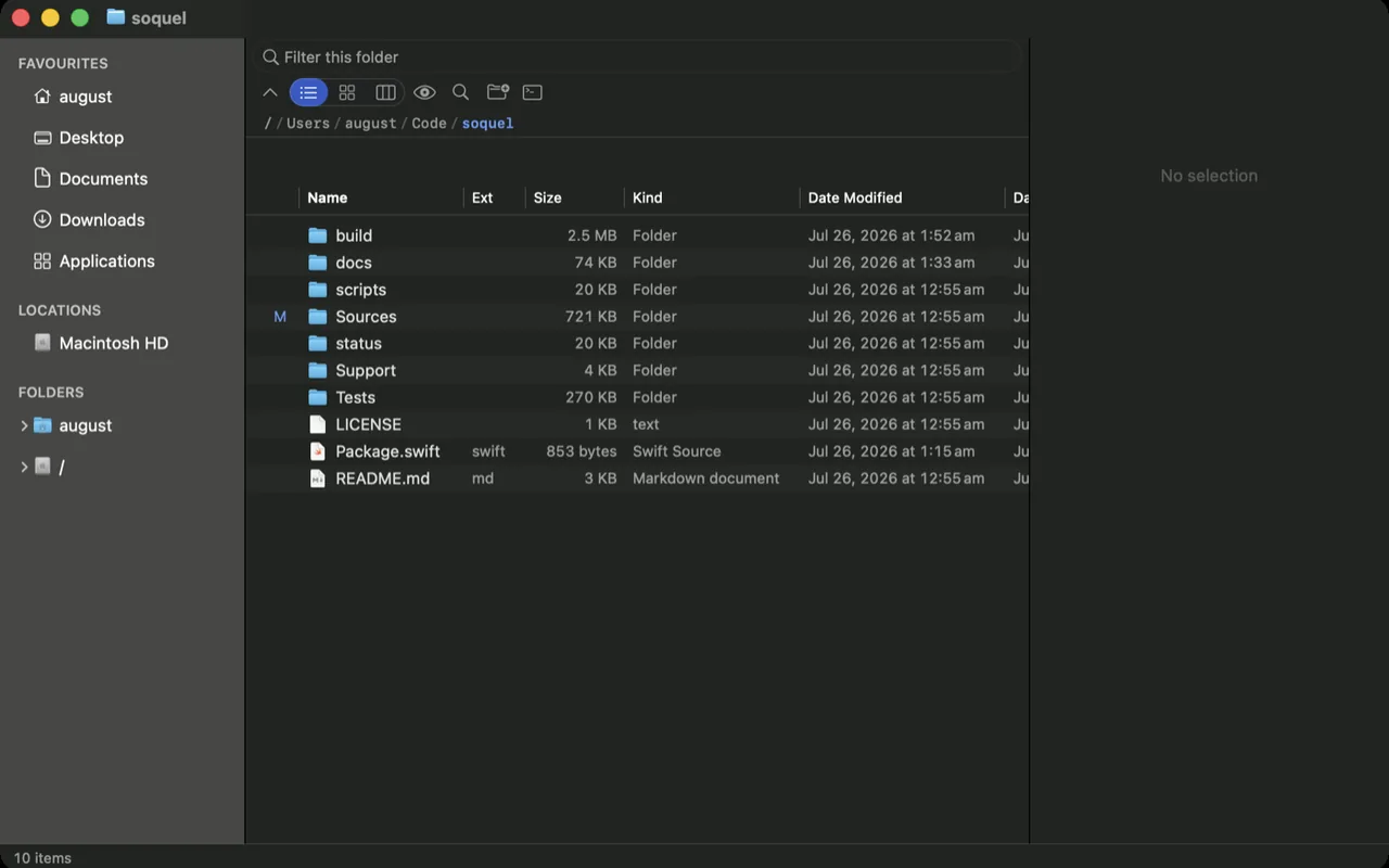 Soquel file manager in list view